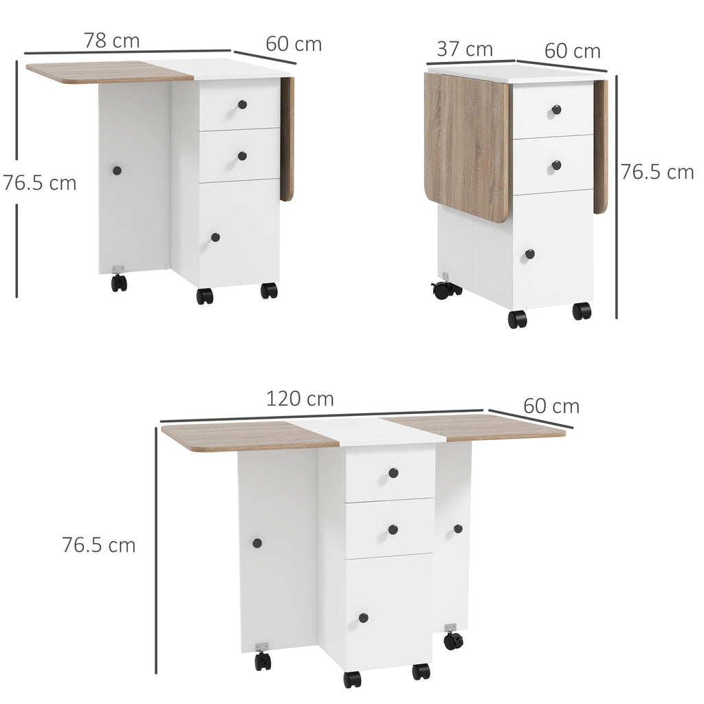 Folding Table with 2 Drawers and Cabinet, 6 Wheels and Brakes, 120x60x76.5 cm, White and Oak