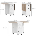 Folding Table with 2 Drawers and Cabinet, 6 Wheels and Brakes, 120x60x76.5 cm, White and Oak