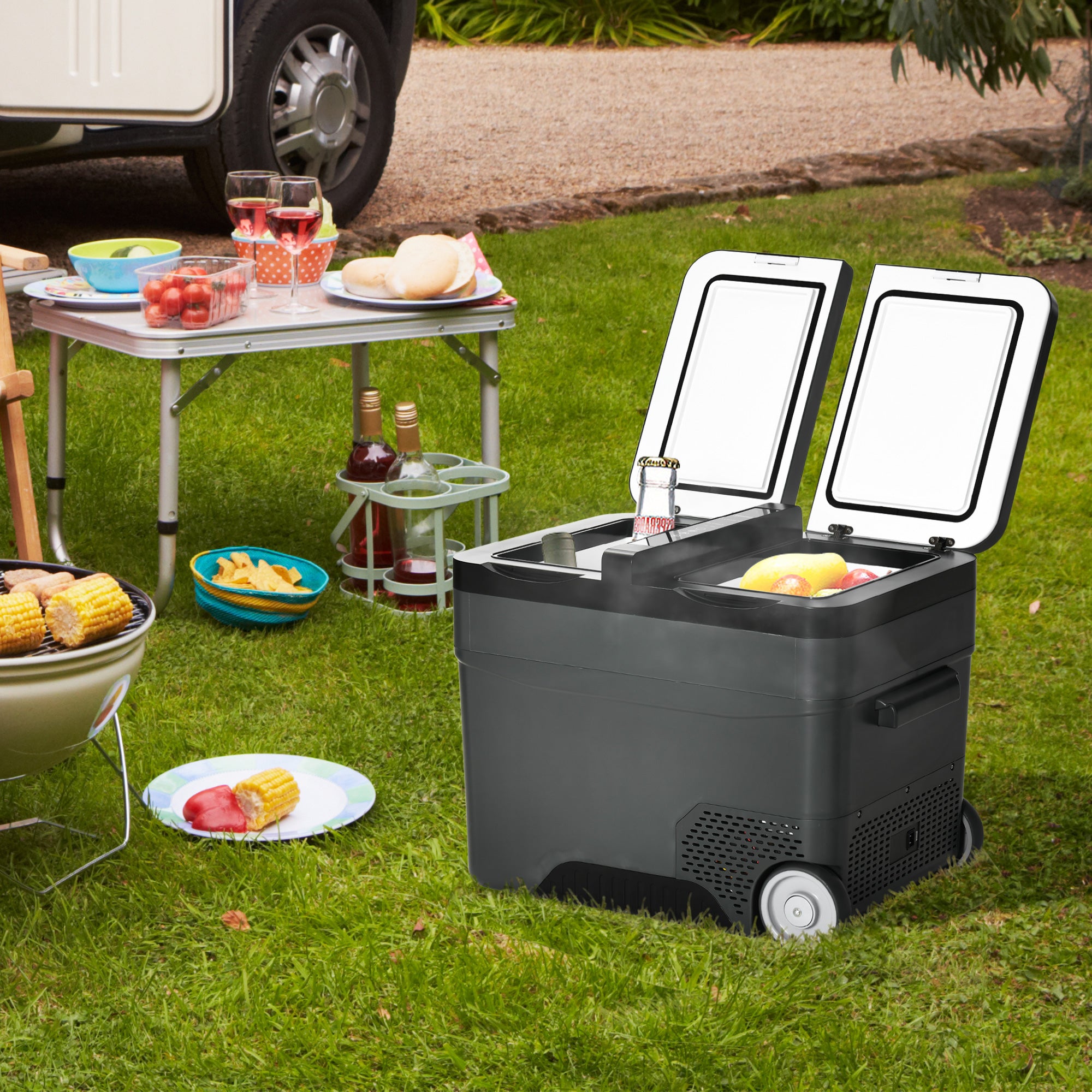 45L 12-Volt Electric Portable Refrigerator with Handle and LCD Screen, 63.2 x 42 x 50.8 cm, Grey