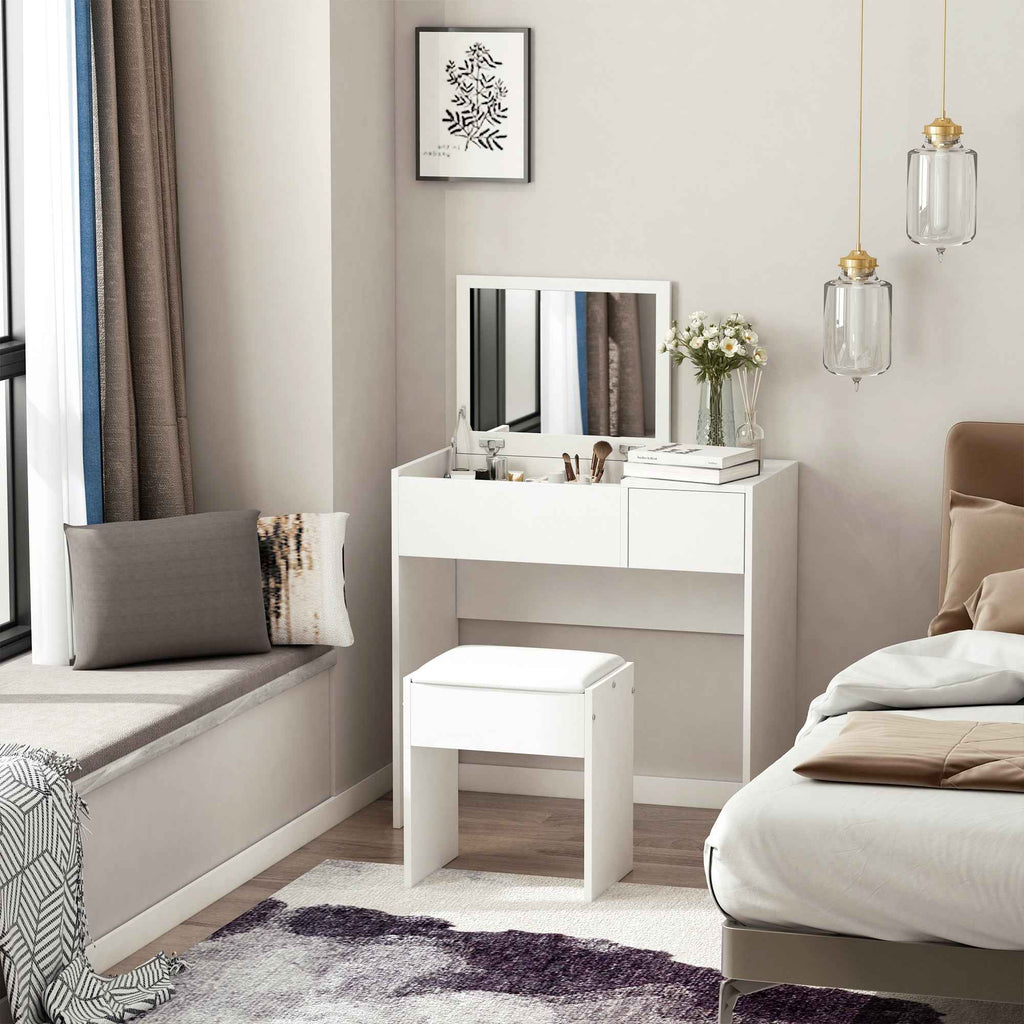 HOMCOM Vanity Table with Folding Mirror, Modern Makeup Table with Stool, 4-Compartment Storage Compartment, White MDF, 80x40x79 cm