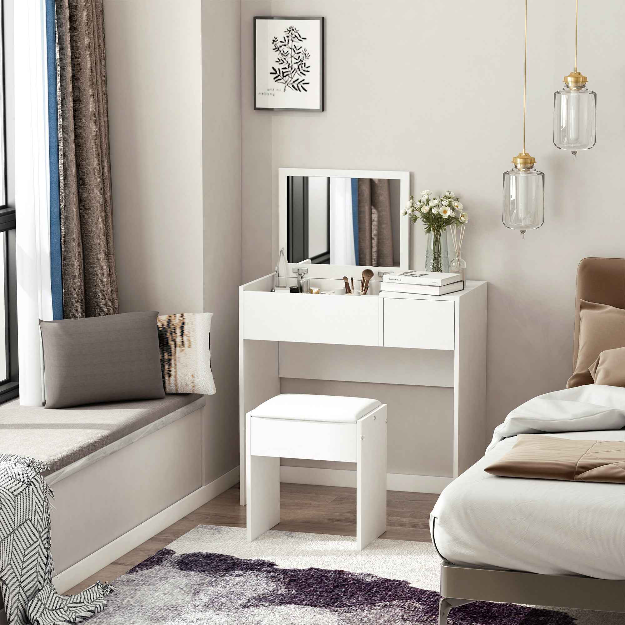HOMCOM Vanity Table with Folding Mirror, Modern Makeup Table with Stool, 4-Compartment Storage Compartment, White MDF, 80x40x79 cm
