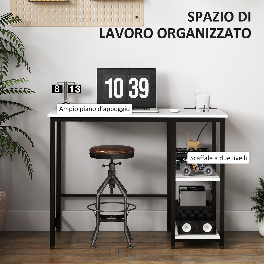 Desk with 2-Tier Bookshelf and Charging Sockets, in Wood and Metal, 100x50x75 cm, White and Black
