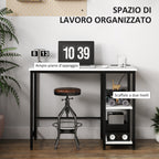 Desk with 2-Tier Bookshelf and Charging Sockets, in Wood and Metal, 100x50x75 cm, White and Black