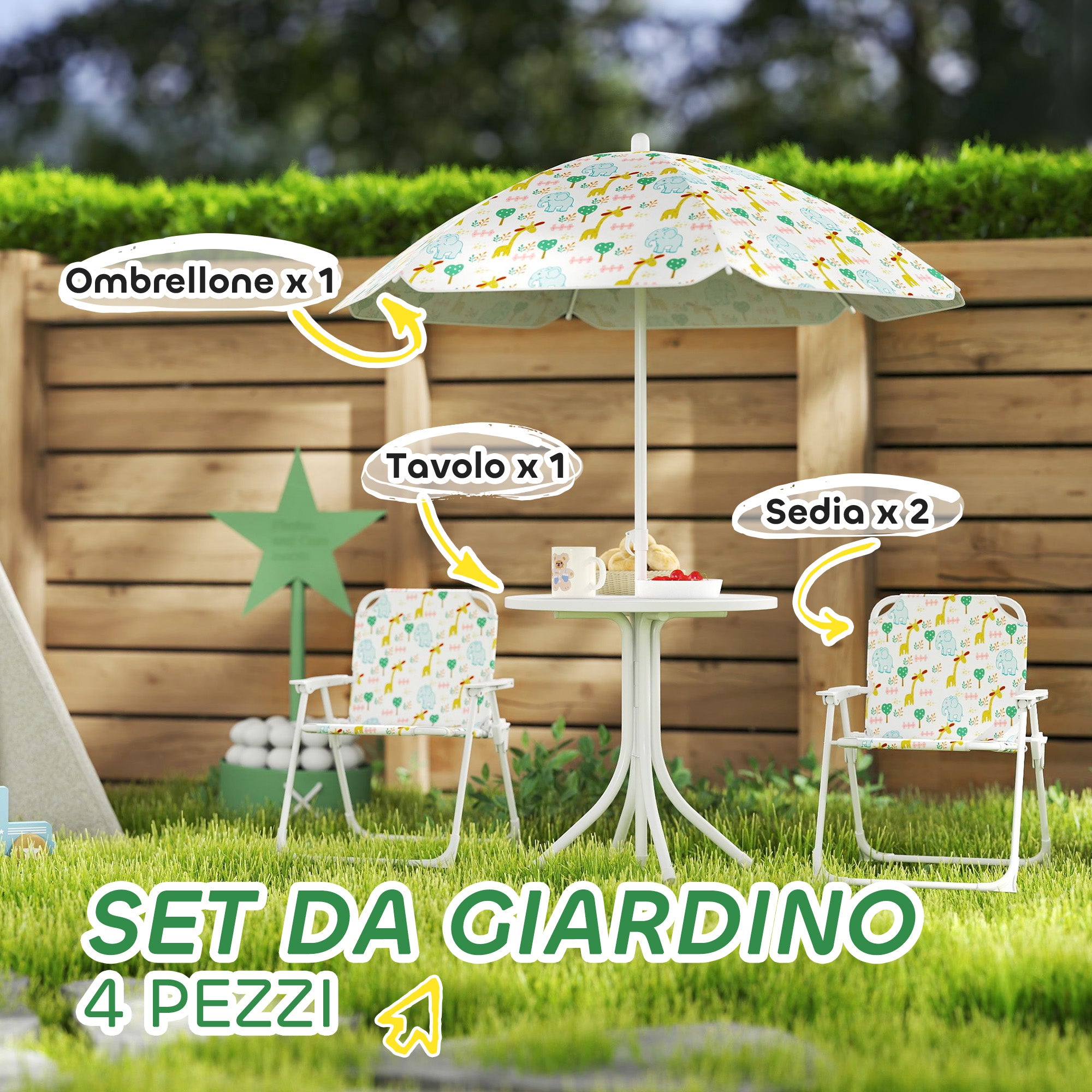 Garden Set for Children 2-5 Years with Round Table, 2 Folding Chairs and a Parasol, White