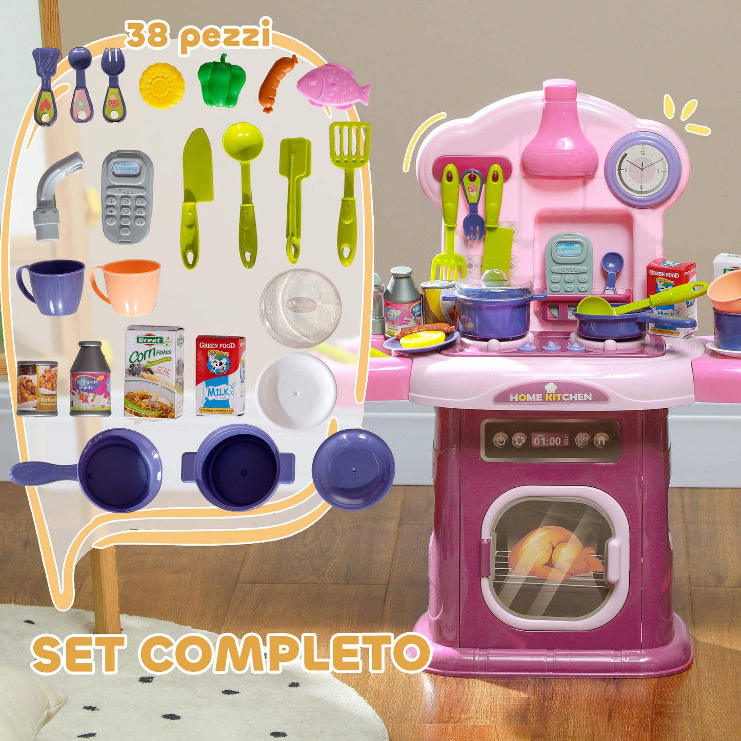 Toy Kitchen for Children 3-6 Years with 38 Accessories and Realistic Sounds, in PP and ABS, 51x21x60 cm, Pink