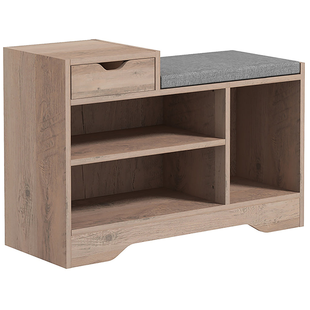Modern Shoe Bench with 3 Open Shelves and Drawers, Made of Wood, Polyester and Sponge, 76.5x30x52 cm, Grey