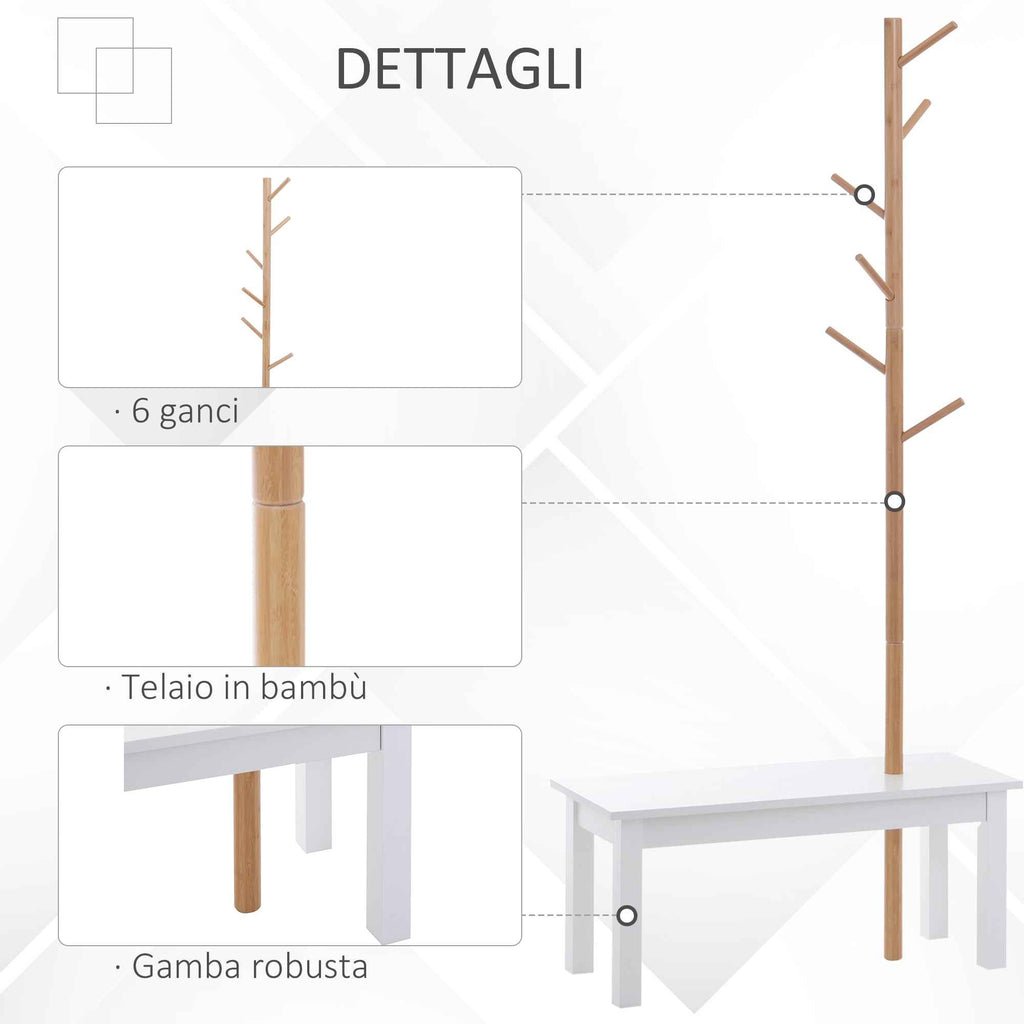 HOMCOM Hallway Bench with Coat Rack, Bamboo Floor-Standing Coat Stand, White Hallway Bench, Design, Also for Bedroom, 80x30x180cm, White Wood