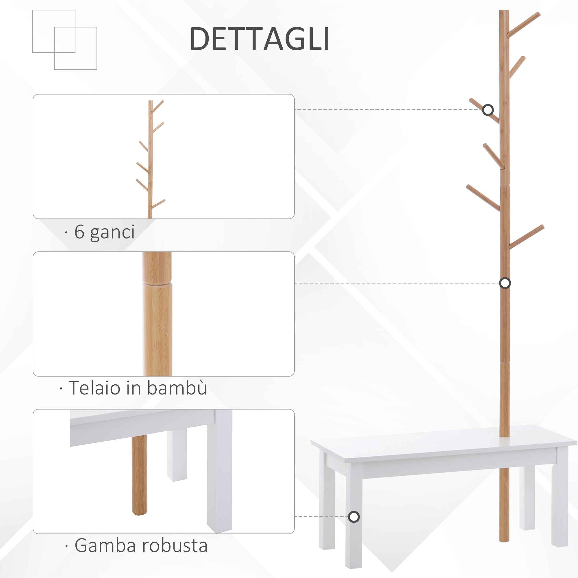 HOMCOM Hallway Bench with Coat Rack, Bamboo Floor-Standing Coat Stand, White Hallway Bench, Design, Also for Bedroom, 80x30x180cm, White Wood