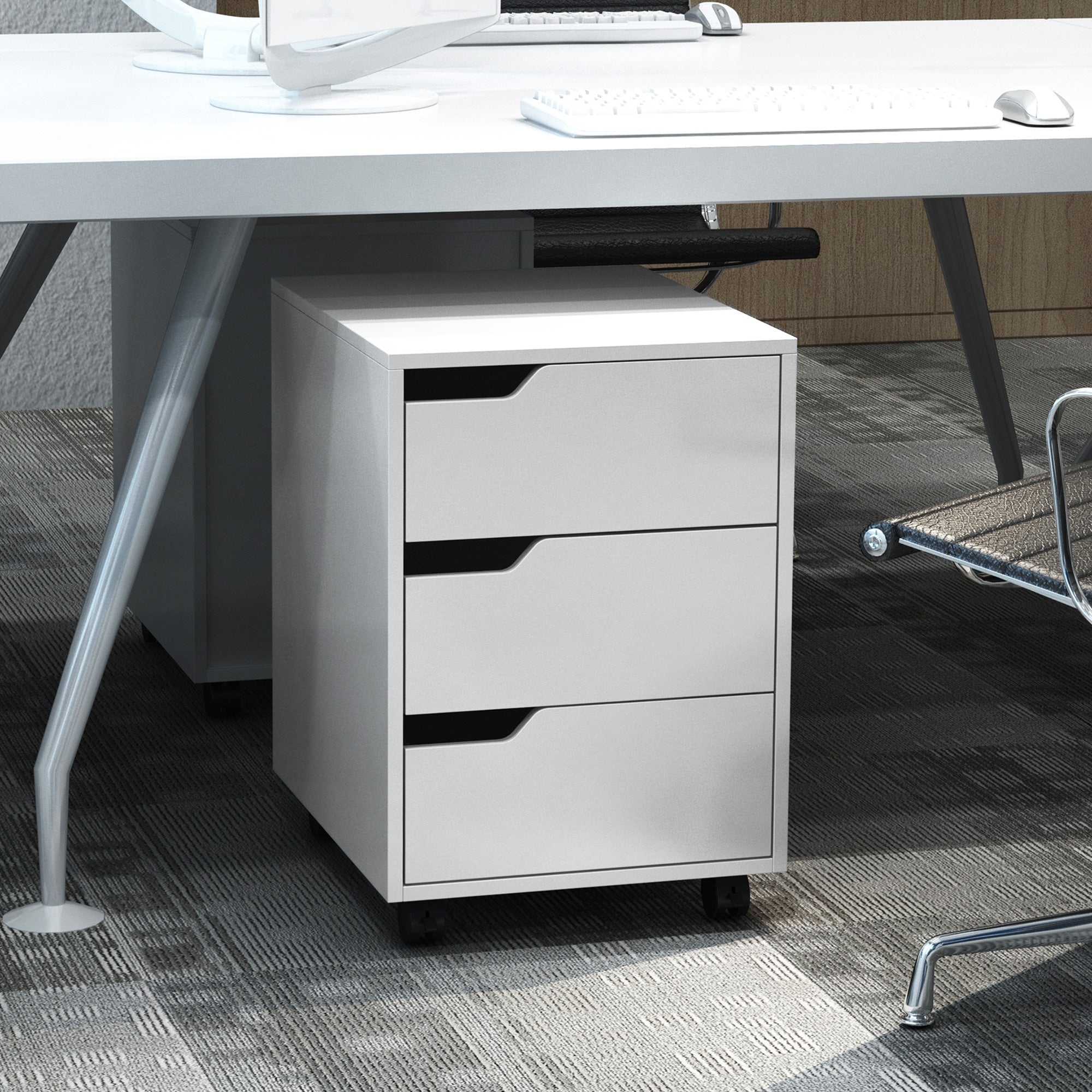 3 Drawer Office Chest with Retractable Handles, Wood and Metal, 40x50x57.5 cm, White