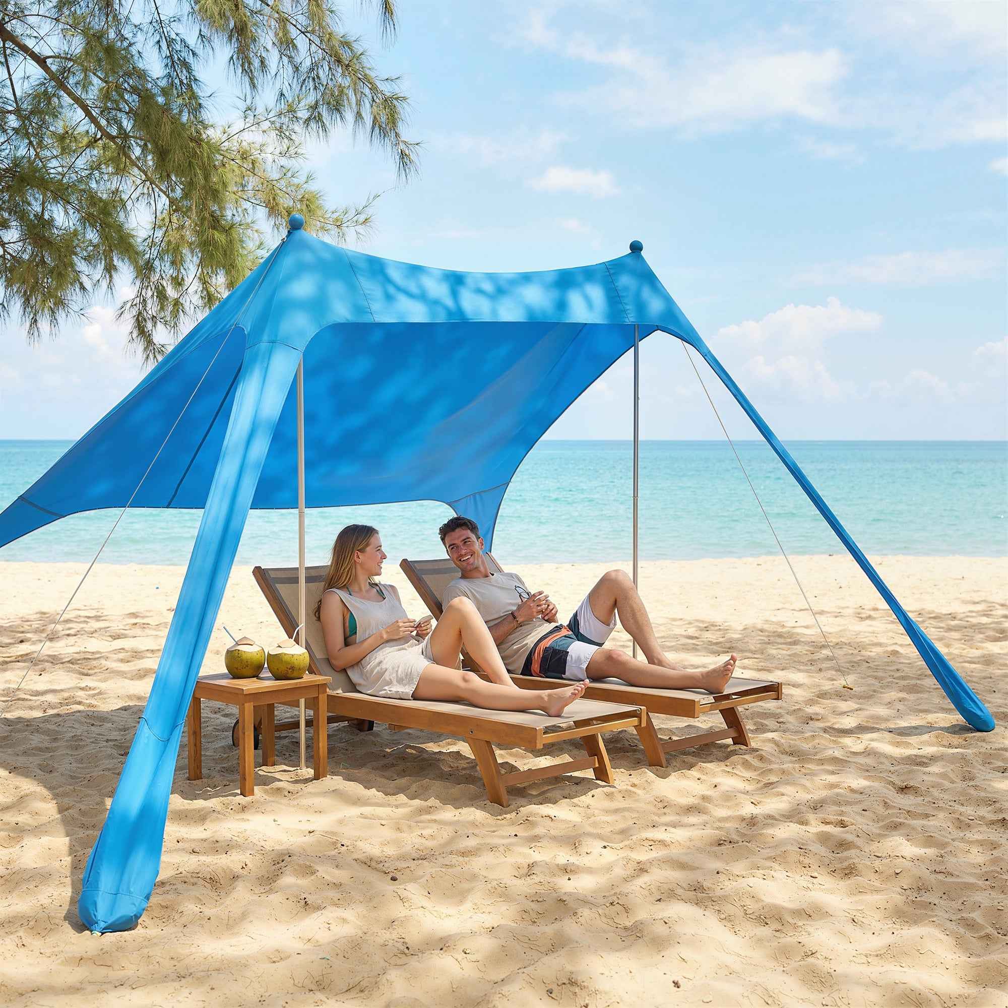 Outsunny Beach Tent 2-4 Person, Mat, Shovel, UPF50+ Sun Protection, Blue
