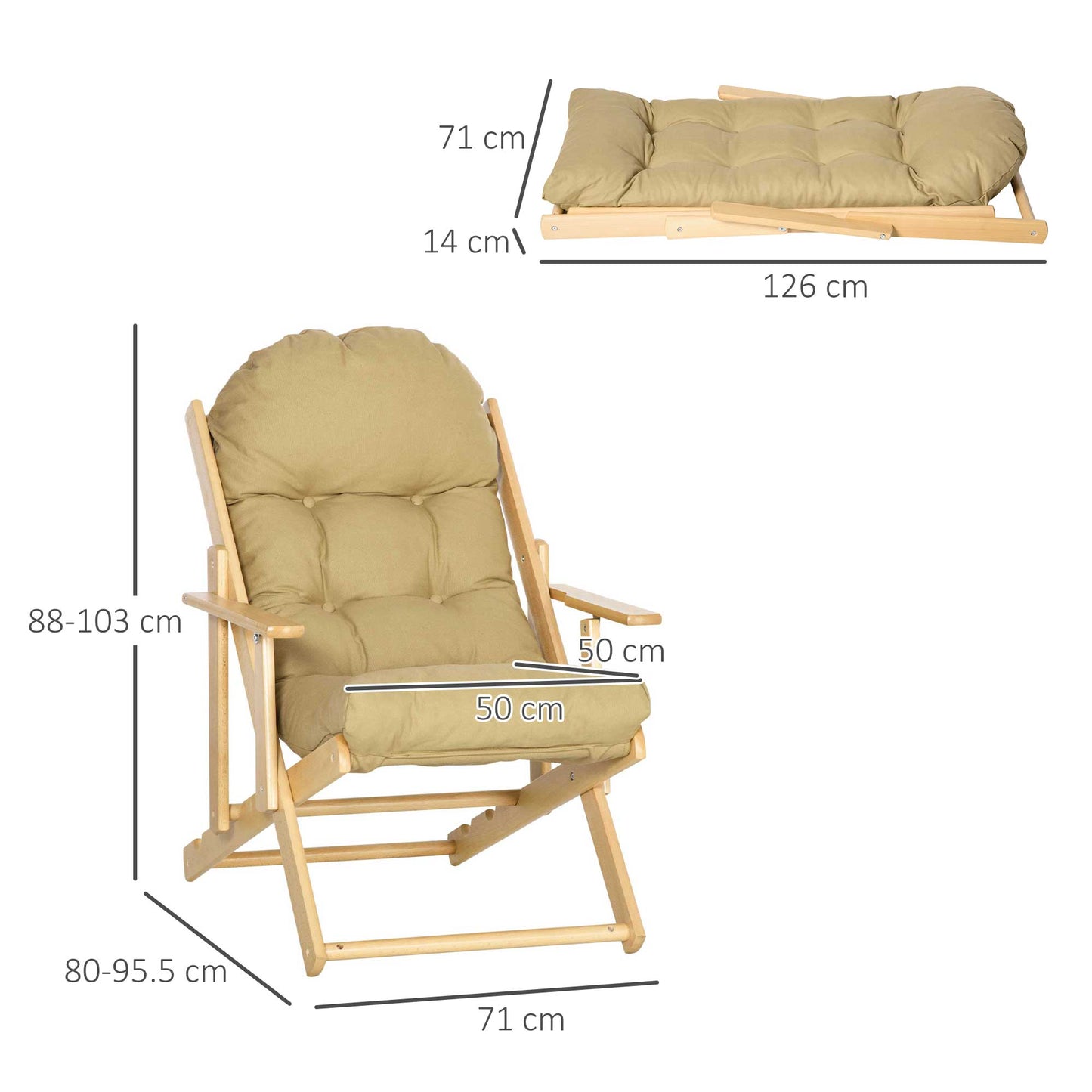 HOMCOM Folding Living Room Chair with Armrests and Cushion, in Beech Wood and Fabric, 71x89x96 cm, Brown