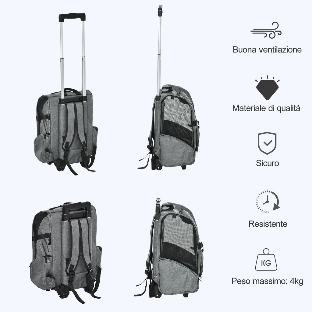 2-in-1 Pet Carrier Backpack for Dogs and Cats with Side Pockets, Telescopic Handle and Wheels, 42x25x55cm, Grey