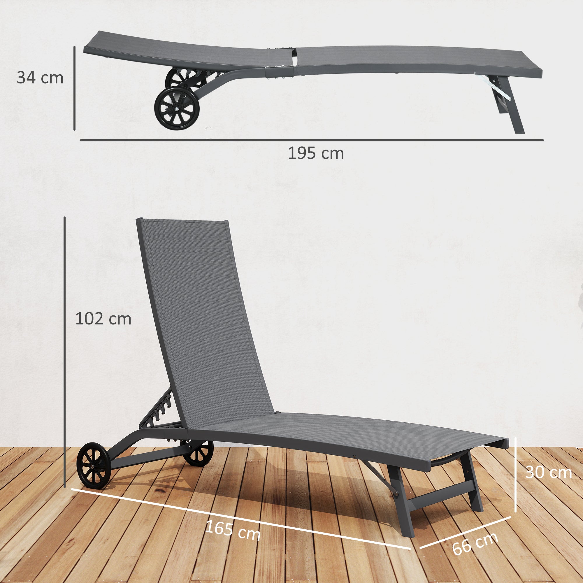 Outsunny Set of 2 Sun Loungers with Reclining Backrest, in Aluminum and Breathable Fabric, 66x165x102 cm, Dark Gray