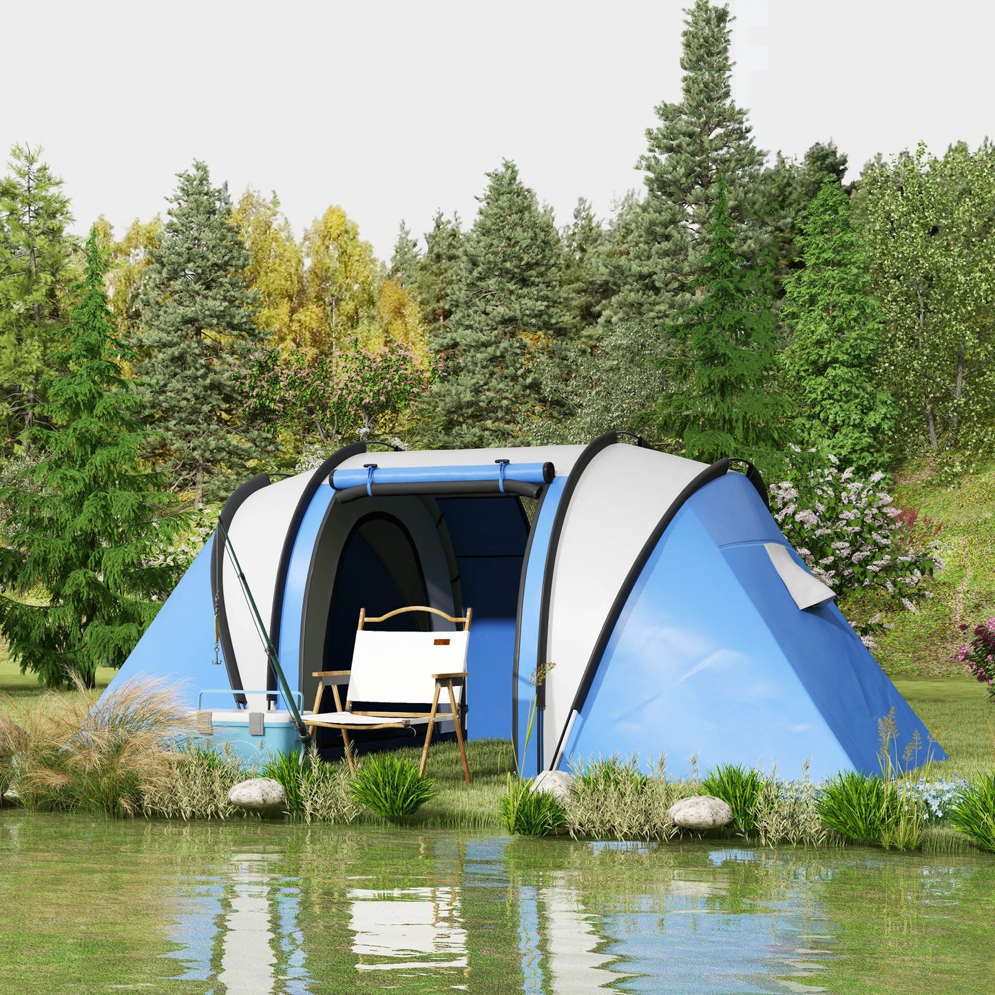 Outsunny Waterproof 2-Person Camping Tent with 2 Rooms Transport Bag, 220x450x180 cm, Blue - Borgè