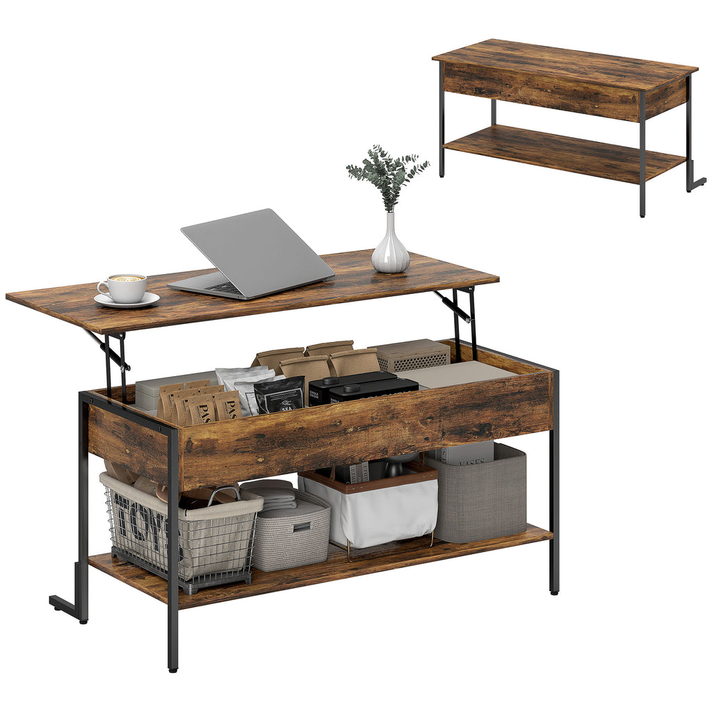 Industrial Style Lift-Up Coffee Table with Hidden Storage and Bottom Shelf, Brown