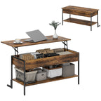Industrial Style Lift-Up Coffee Table with Hidden Storage and Bottom Shelf, Brown