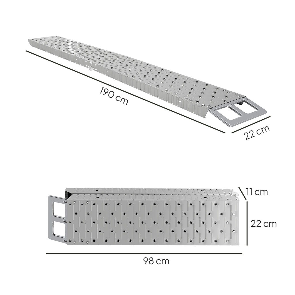 Folding Non-Slip Motorcycle Loading Ramp with Safety Strap, Steel, Silver