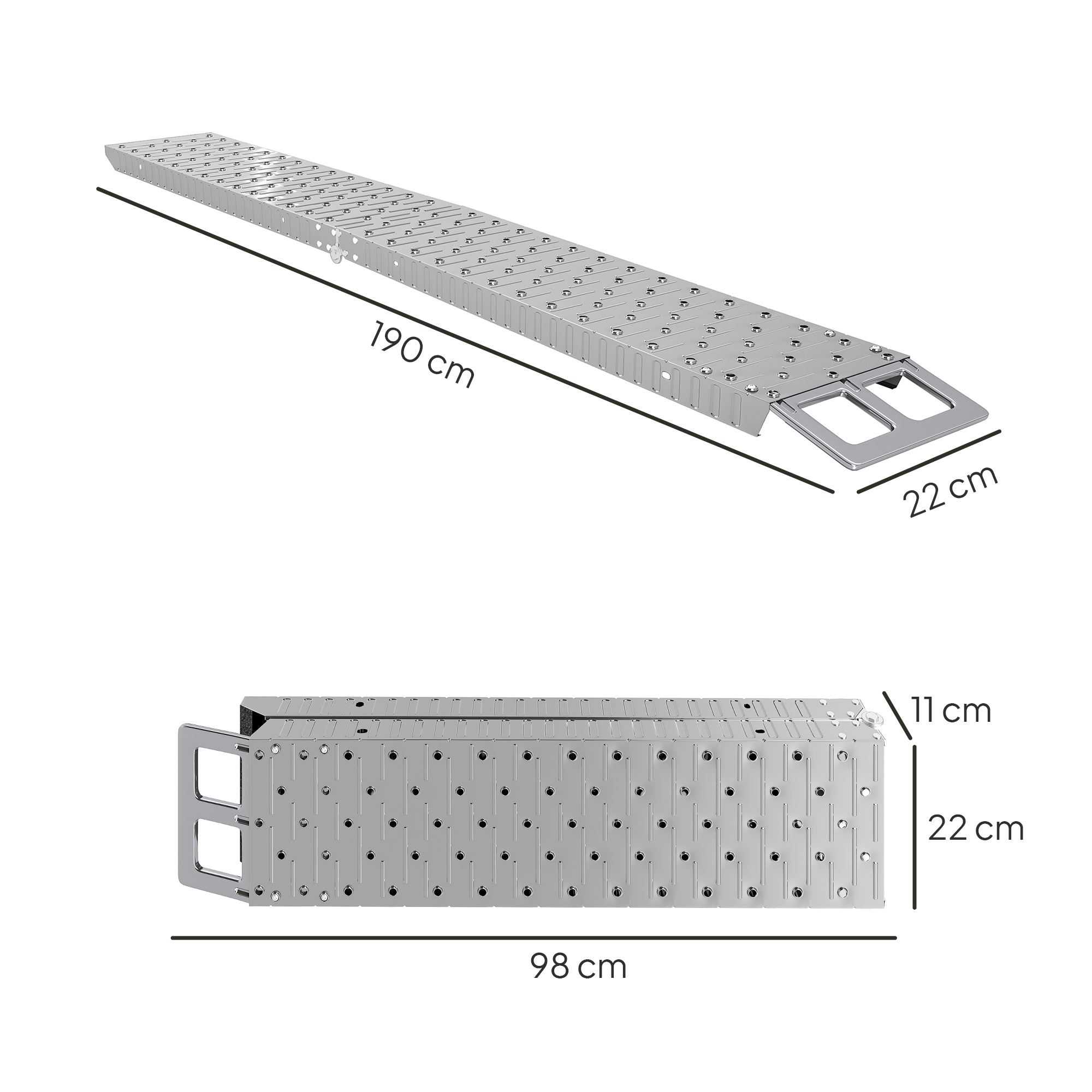 Folding Non-Slip Motorcycle Loading Ramp with Safety Strap, Steel, Silver