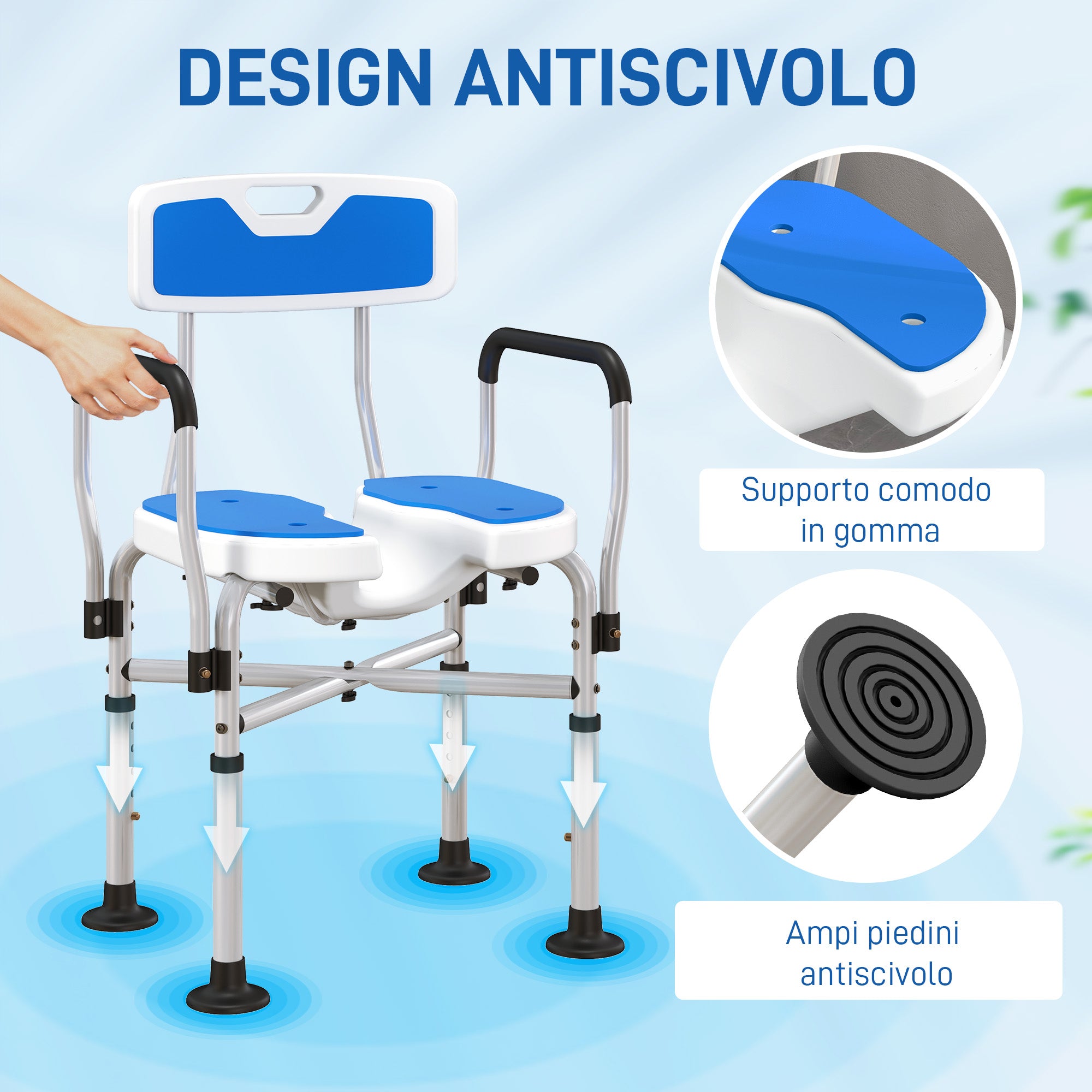 Shower Chair with Grooved Seat, Height Adjustable and Non-Slip Feet, Blue
