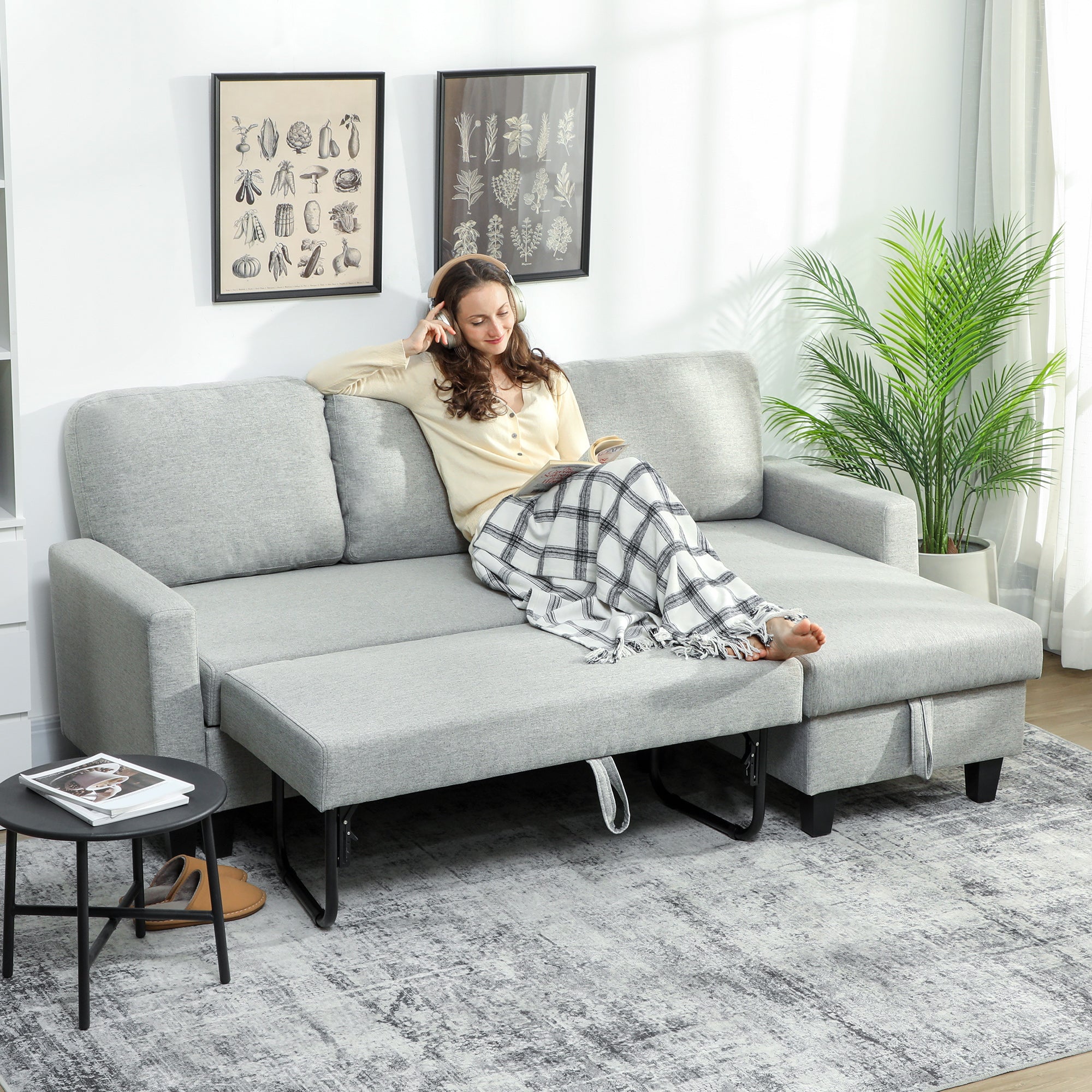 3-Seater Sofa Bed with Chaise and Storage Space, Linen-Effect Fabric, 197x129x85 cm, Grey and Black