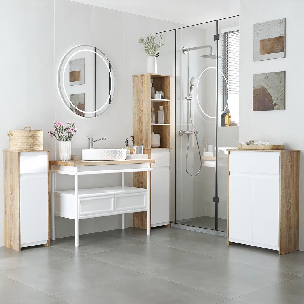 Multipurpose Bathroom Cabinet, Bathroom Cabinet with Cabinet and Drawer, Space Saving, Wood and White Color 60x30x90cm