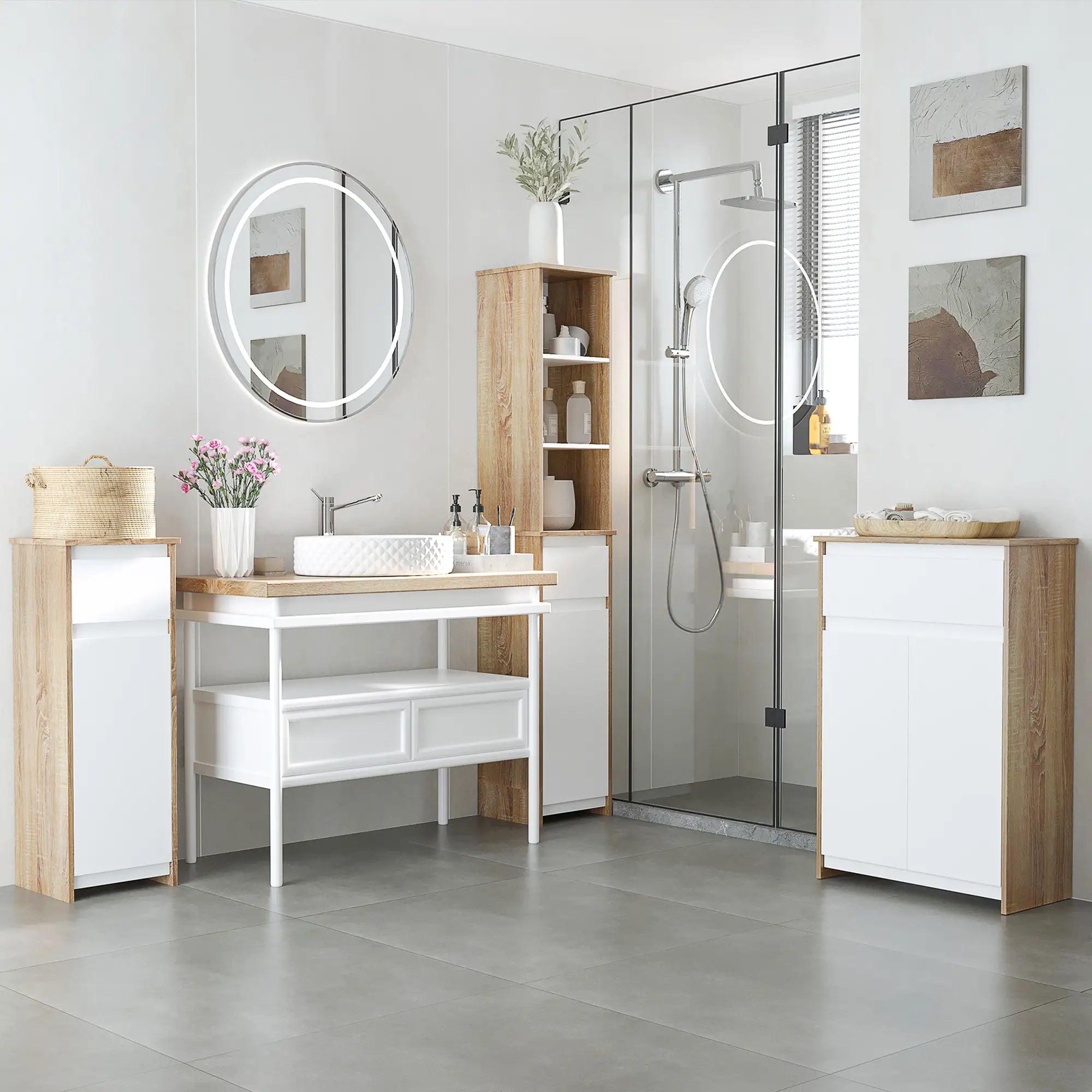 Multipurpose Bathroom Cabinet, Bathroom Cabinet with Cabinet and Drawer, Space Saving, Wood and White Color 60x30x90cm