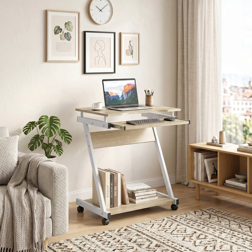 HOMCOM Computer Desk with 4 Wheels, Sliding Keyboard Tray, Oak Color