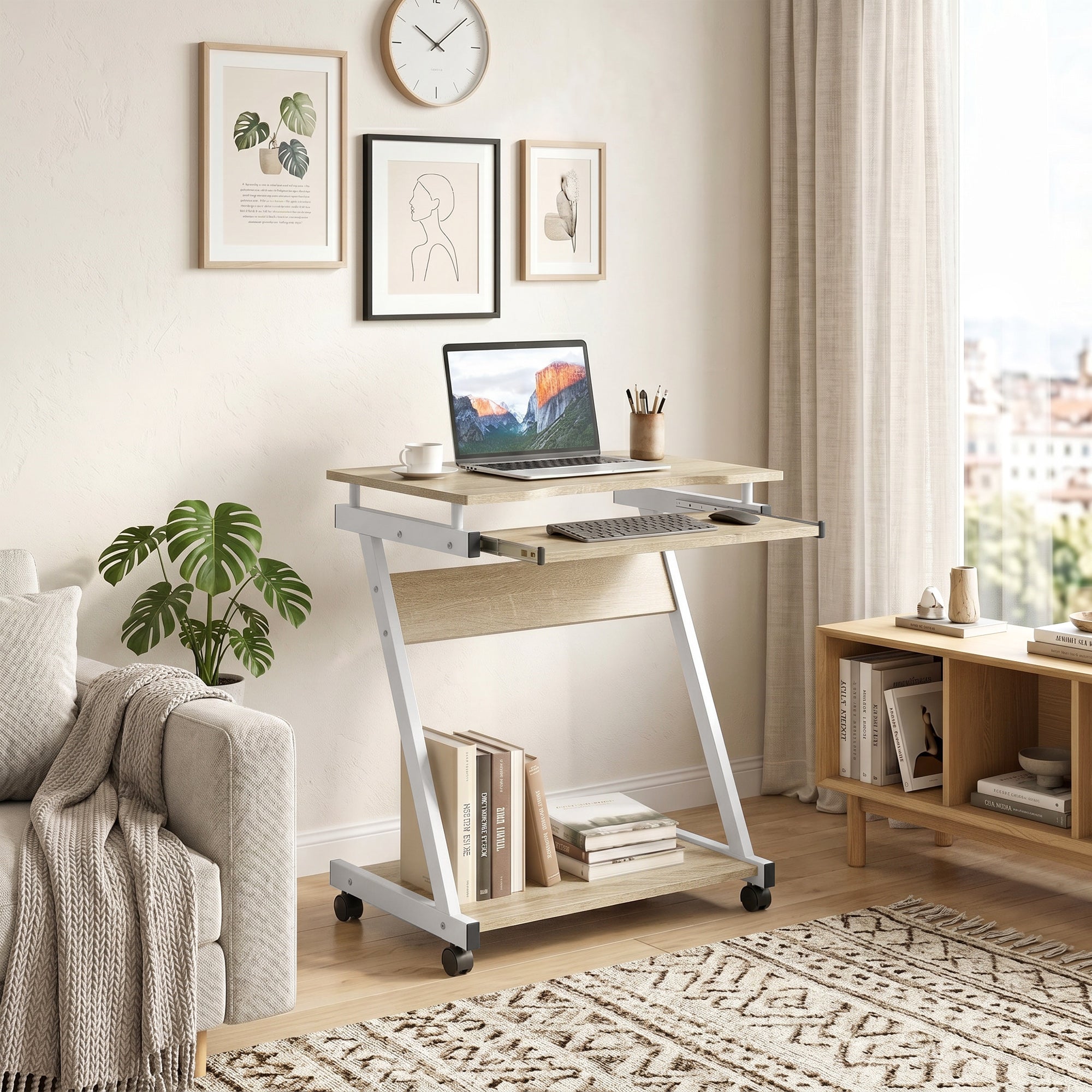HOMCOM Computer Desk with 4 Wheels, Sliding Keyboard Tray, Oak Color