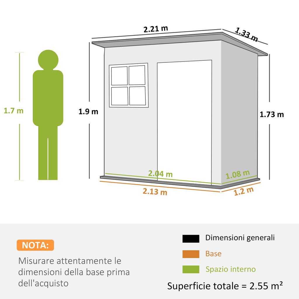 Outsunny 2.55m² Galvanized Steel Garden Shed with Foundation Kit, Pitched Roof Locking Door, Grey