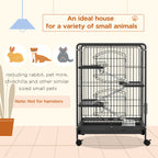 Small Animal Cage with Wheels, Rabbit and Chinchilla Cage with 3 Ramps and 3 Platforms, Bowl and Bottle, 61.5x44x95 cm, Black