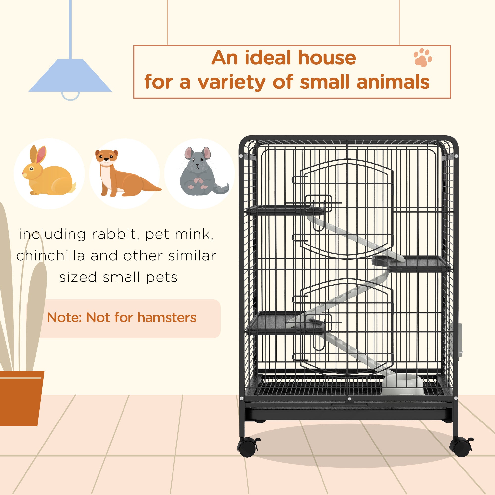 Small Animal Cage with Wheels, Rabbit and Chinchilla Cage with 3 Ramps and 3 Platforms, Bowl and Bottle, 61.5x44x95 cm, Black