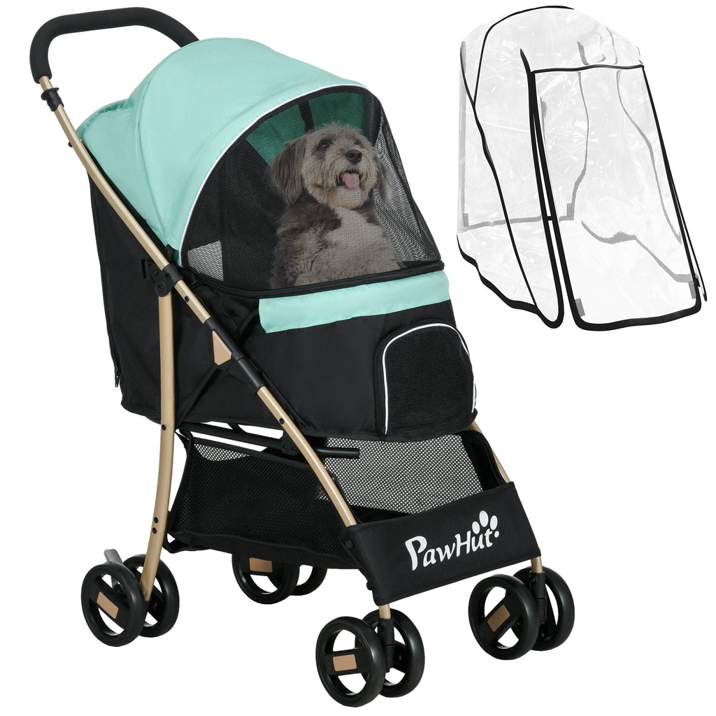 Foldable Dog Stroller with Rain Cover, Basket, and Built-in Leash, Green