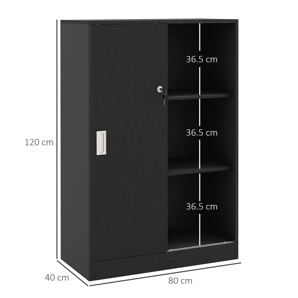 3-Shelf Office Cabinet with 2 Security Keys and Sliding Doors, 80x40x120 cm, Black