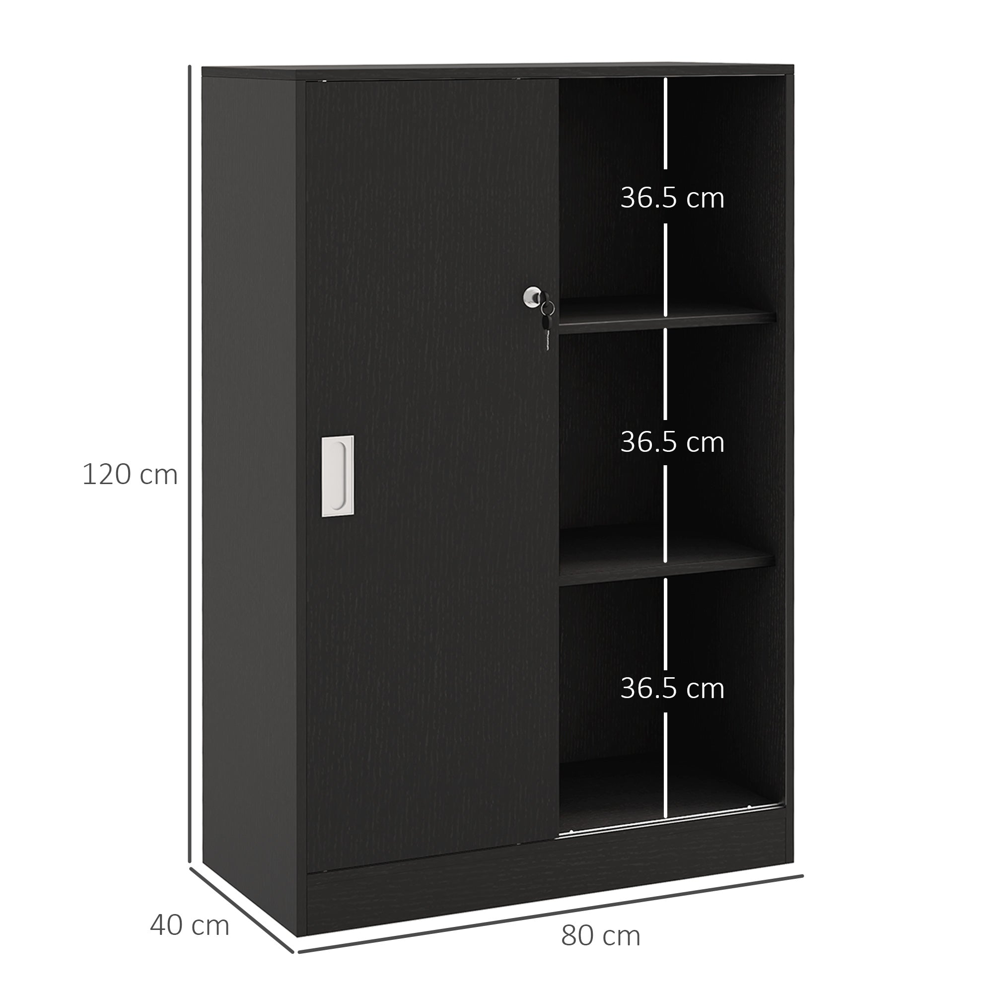 3-Shelf Office Cabinet with 2 Security Keys and Sliding Doors, 80x40x120 cm, Black