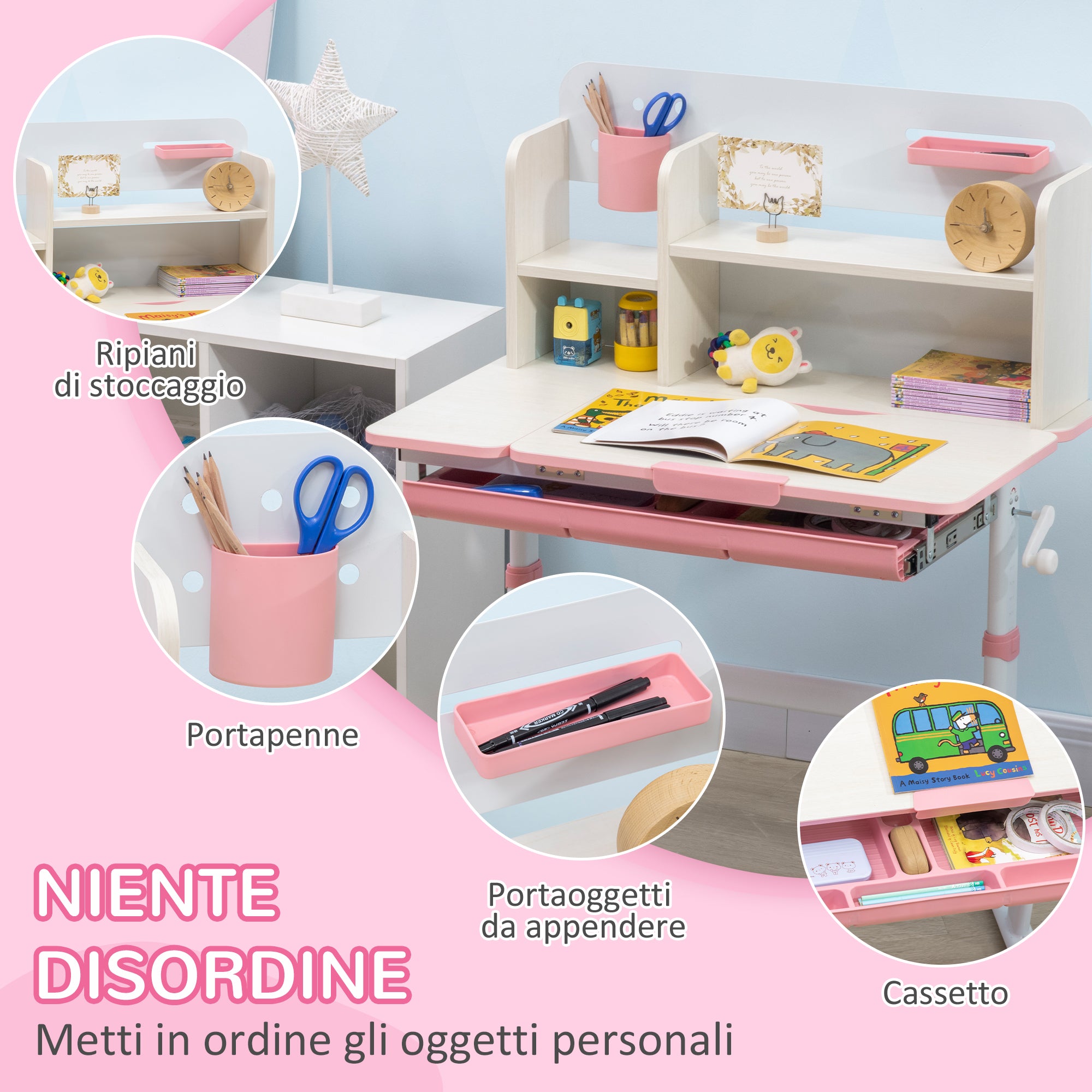 Children's Desk and Chair Set for Ages 3 and Up, Adjustable 60° Tiltable Table with Drawer and Shelves, Pink
