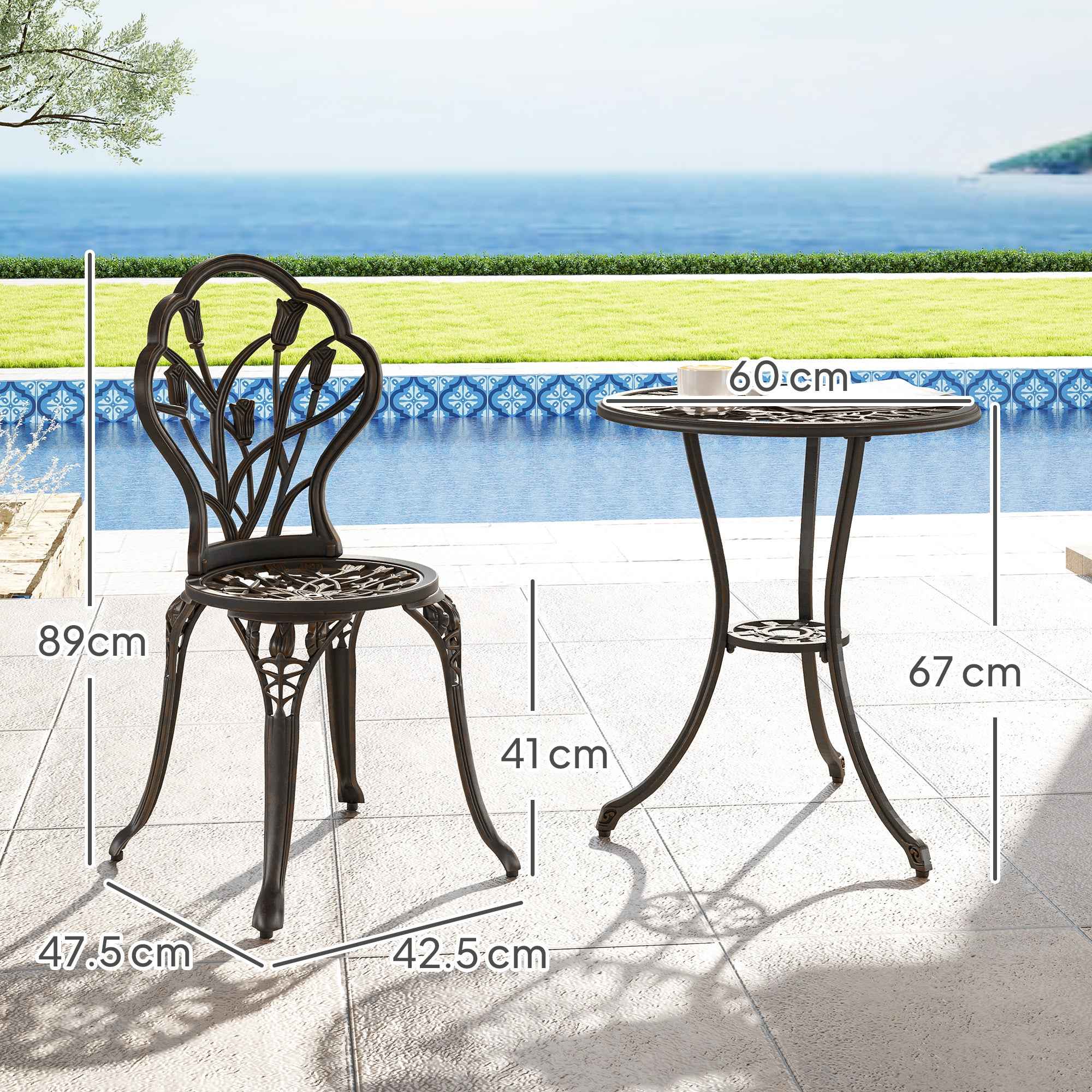 Outsunny 3-Piece Outdoor Set with 2 Garden Chairs and Round Table with Umbrella Hole, Bronze