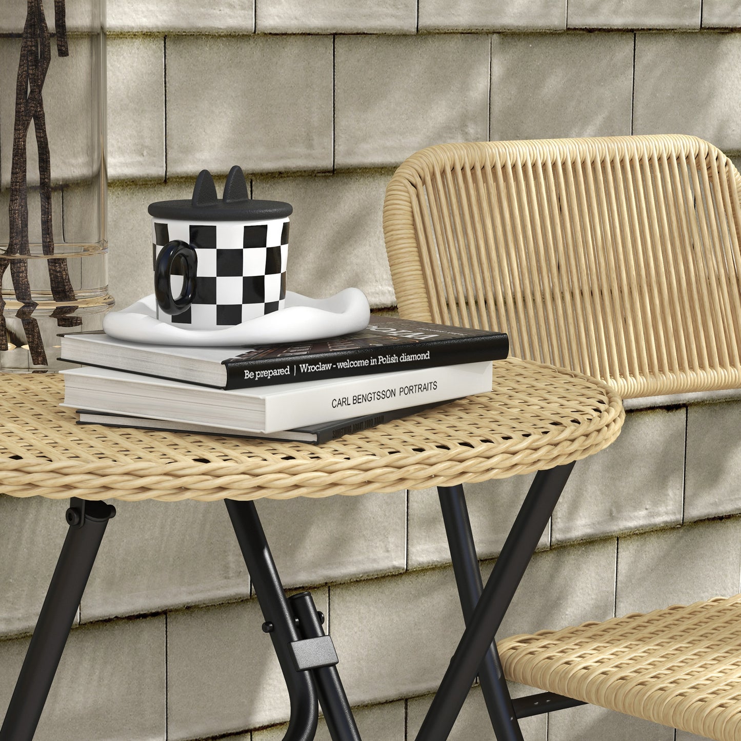 Garden Set in Rattan and Steel, 2 Folding Chairs and Coffee Table, Yellow and Black