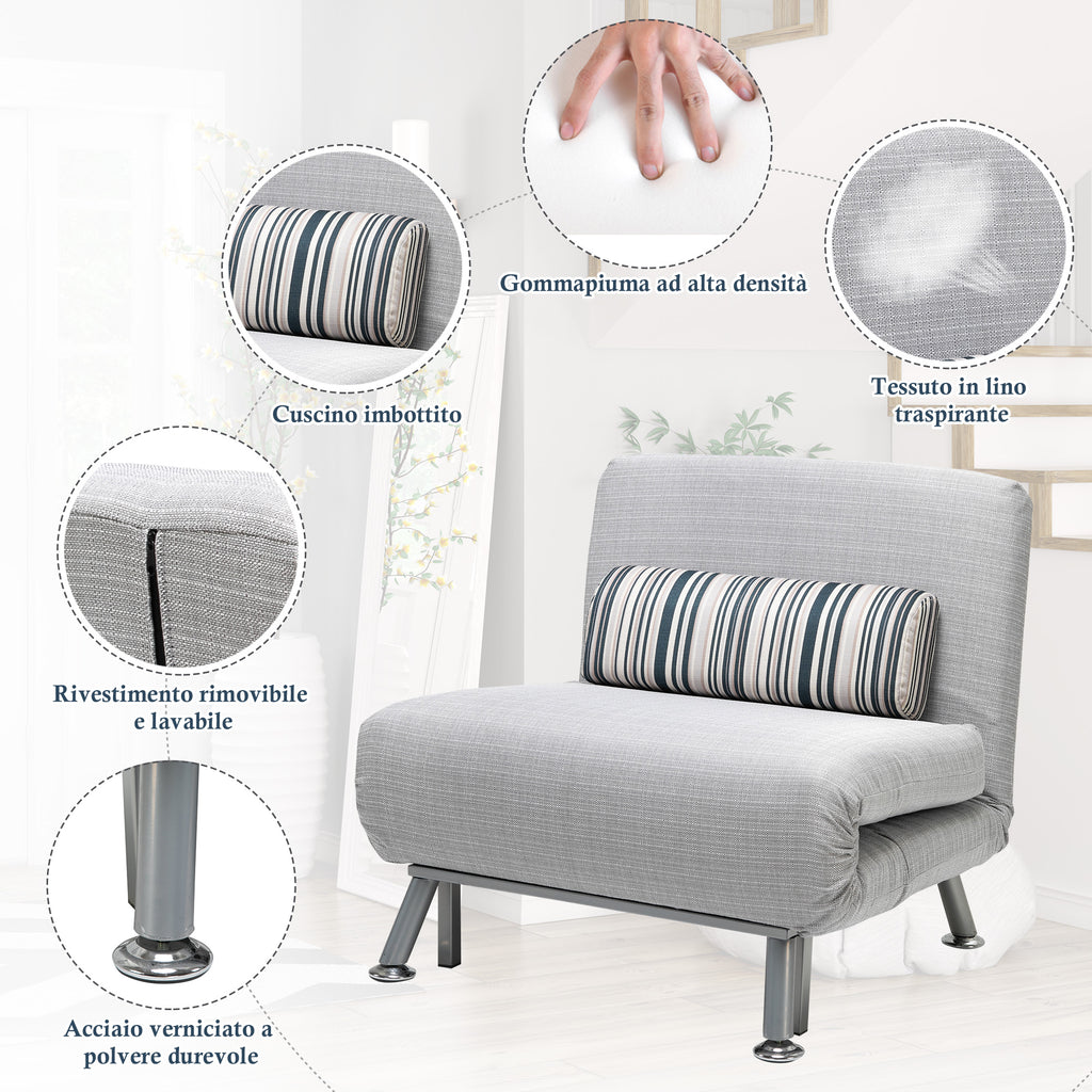 HOMCOM Armchair Bed in Iron and Cotton with Striped Cushion 75 x 70 x 75cm Gray - Borgè