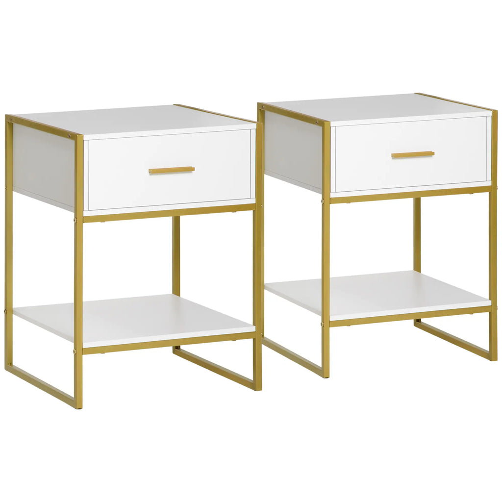 Set of 2 Modern Bedside Tables with Drawer and Open Shelf in MDF and Steel, 45x40x60cm, White and Gold
