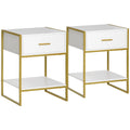 Set of 2 Modern Bedside Tables with Drawer and Open Shelf in MDF and Steel, 45x40x60cm, White and Gold