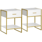 Set of 2 Modern Bedside Tables with Drawer and Open Shelf in MDF and Steel, 45x40x60cm, White and Gold