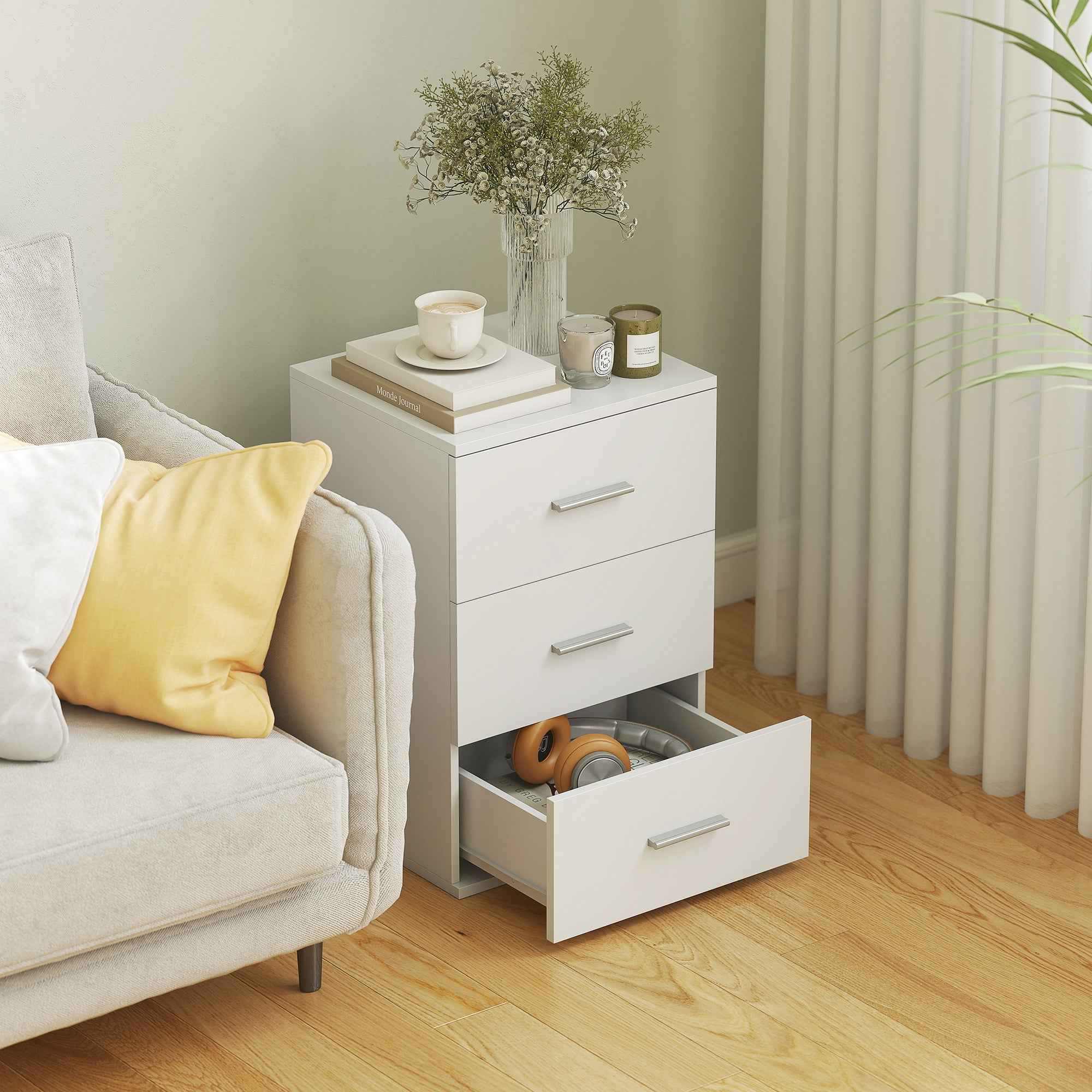 HOMCOM Modern and Multipurpose Bedside Table with 3 Drawers for Bedroom and Living Room, 40x35x60 cm, White