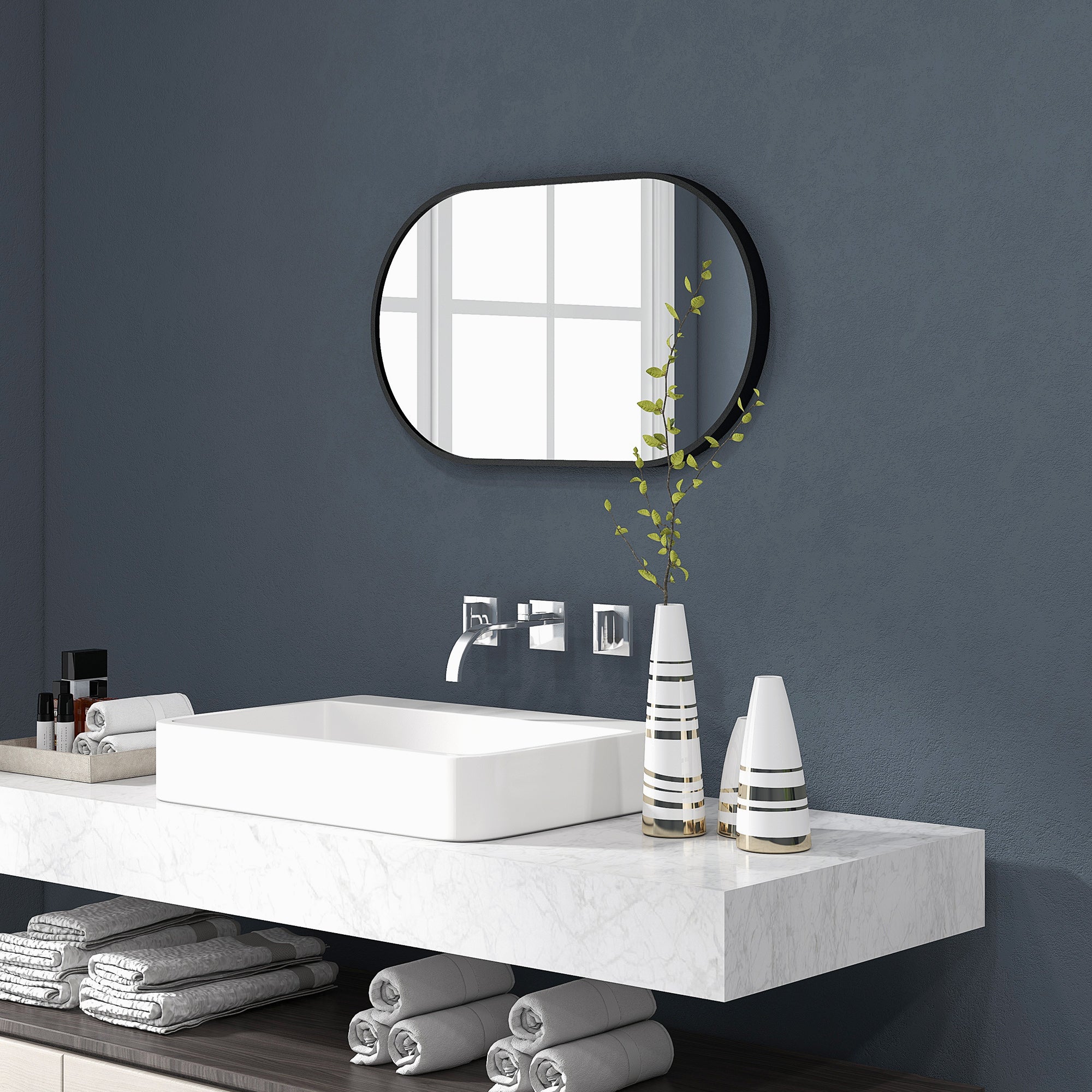 Oval Wall Mounted Bathroom Mirror with Aluminum Frame, Vertical or Horizontal, 60x90cm, Black