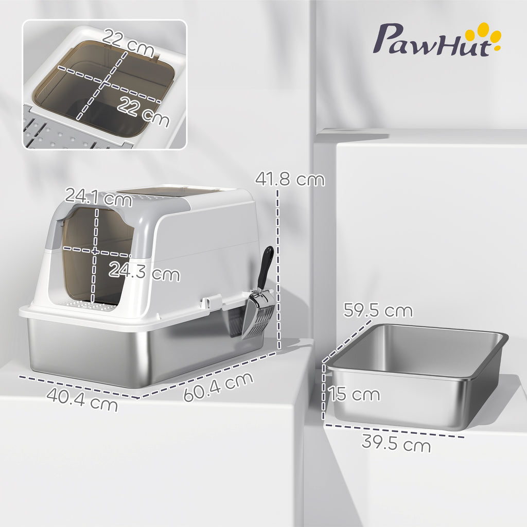 2-Bay Enclosed Cat Litter Box with Deodorizer and Scoop, 60.4 x 40.4 x 41.8 cm, White and Grey