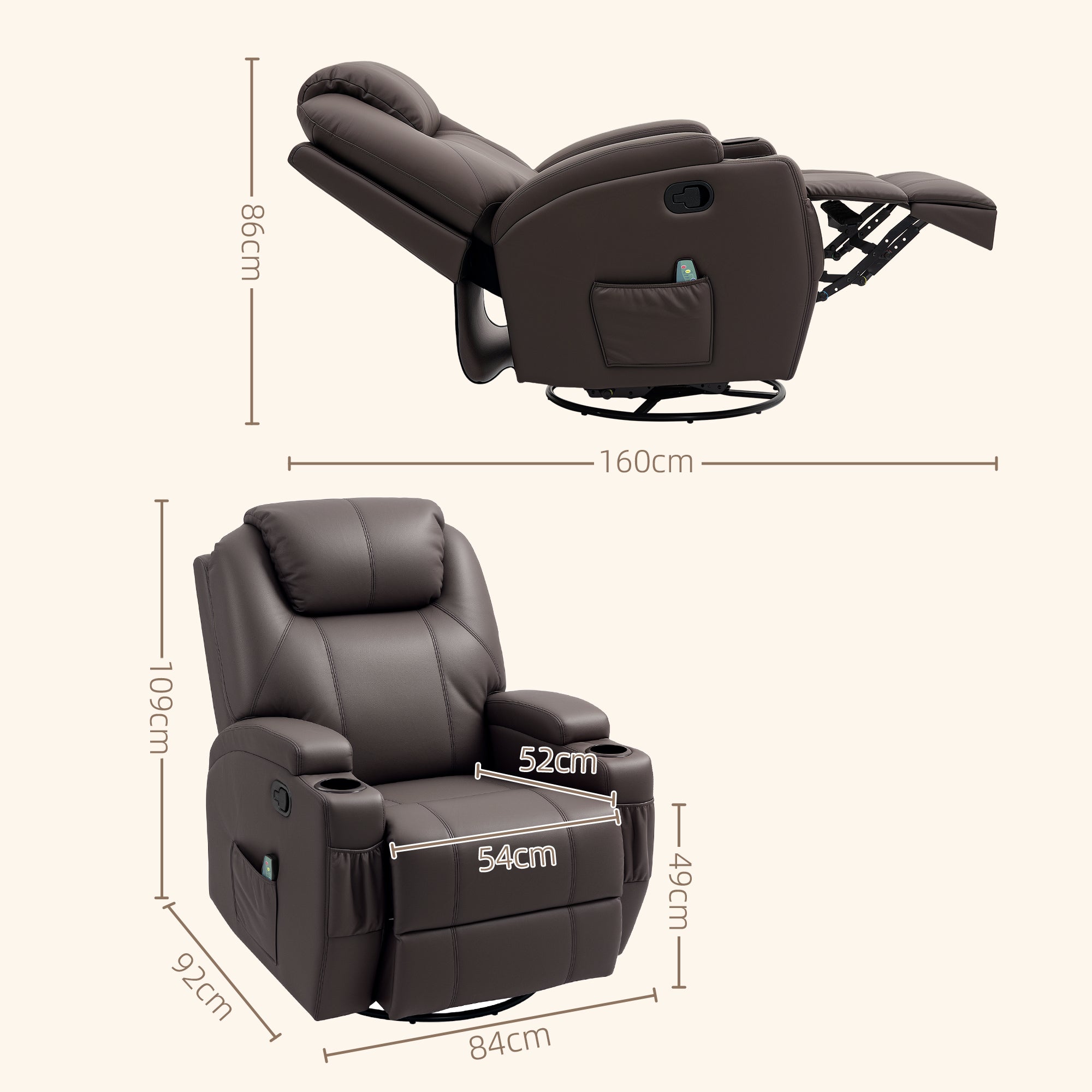 Reclining Massage Chair with 8 Massage Points and 5 Modes, 84x92x109cm, Dark Brown