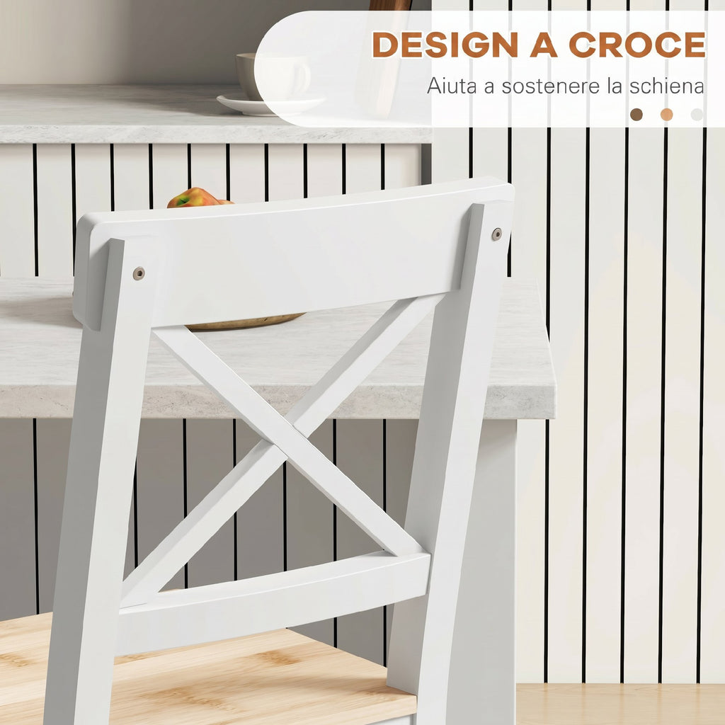Set of 2 Bar Stools, High Back Kitchen Stools with Footrest, Pine Wood, Natural and White