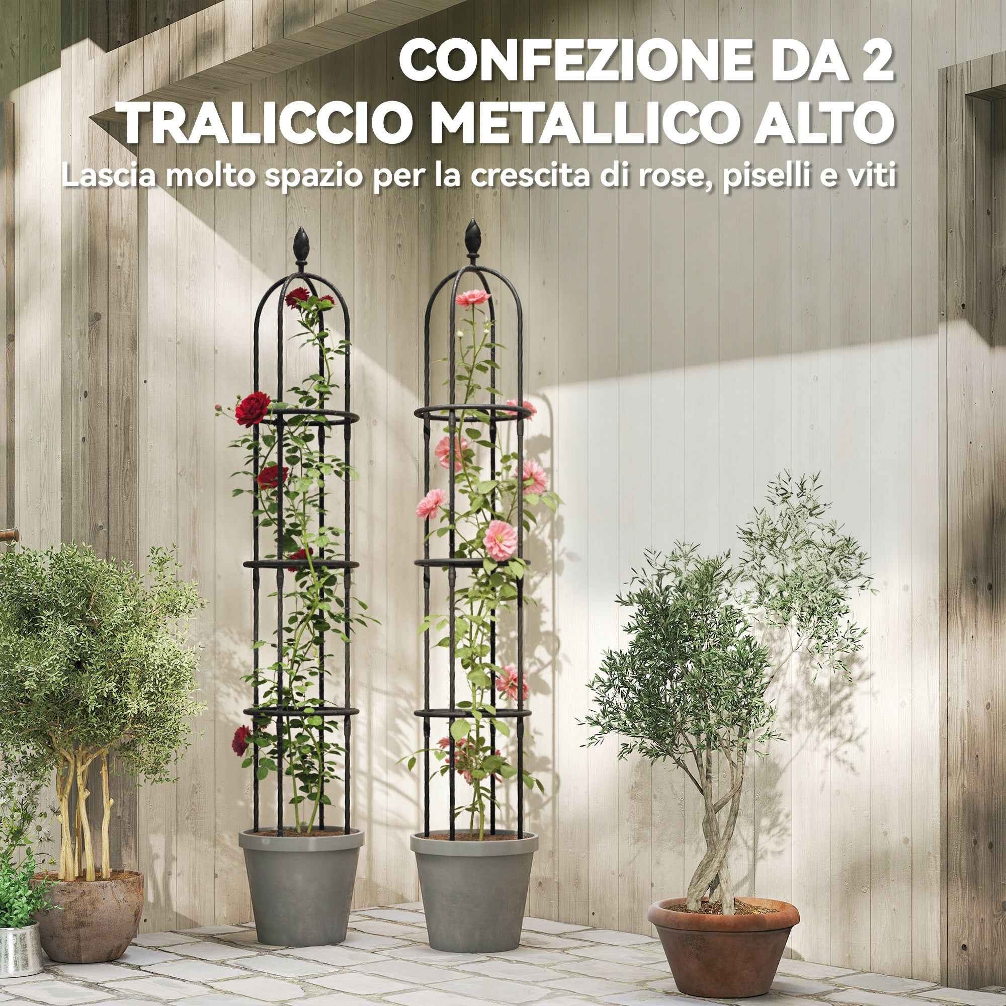 Outsunny 2-Piece 1.7m Tall Rustproof Steel Climbing Plant Supports with Decorative Trim, Black
