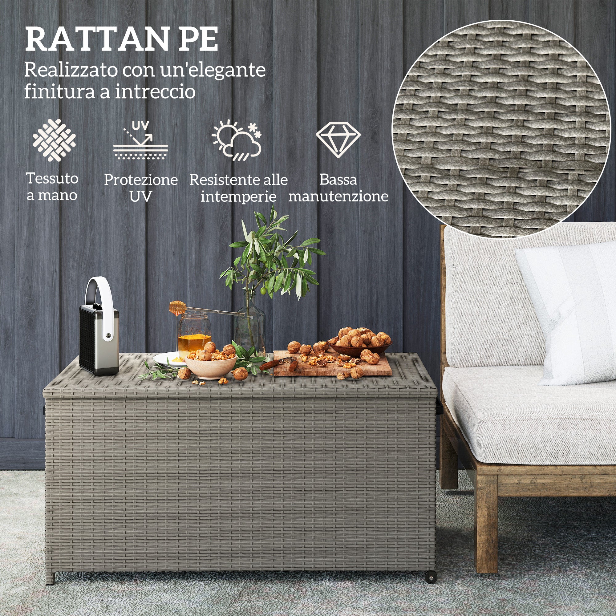 184L PE Rattan Outdoor Storage Chest with Wheels and Waterproof Inner Lining, 102x52x52 cm, Grey