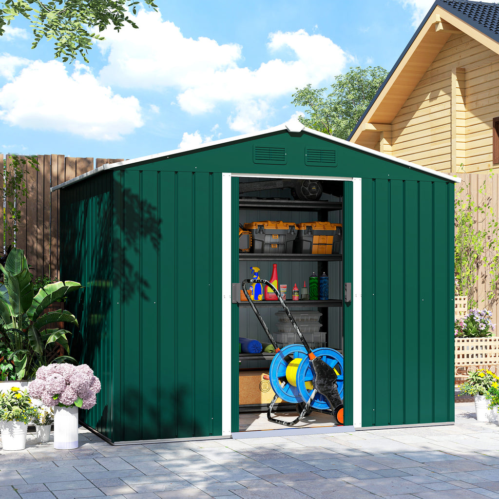 3.6m² Steel Sheet Garden Shed with 2 Sliding Doors and 4 Air Vents, 236x174x190cm, Green