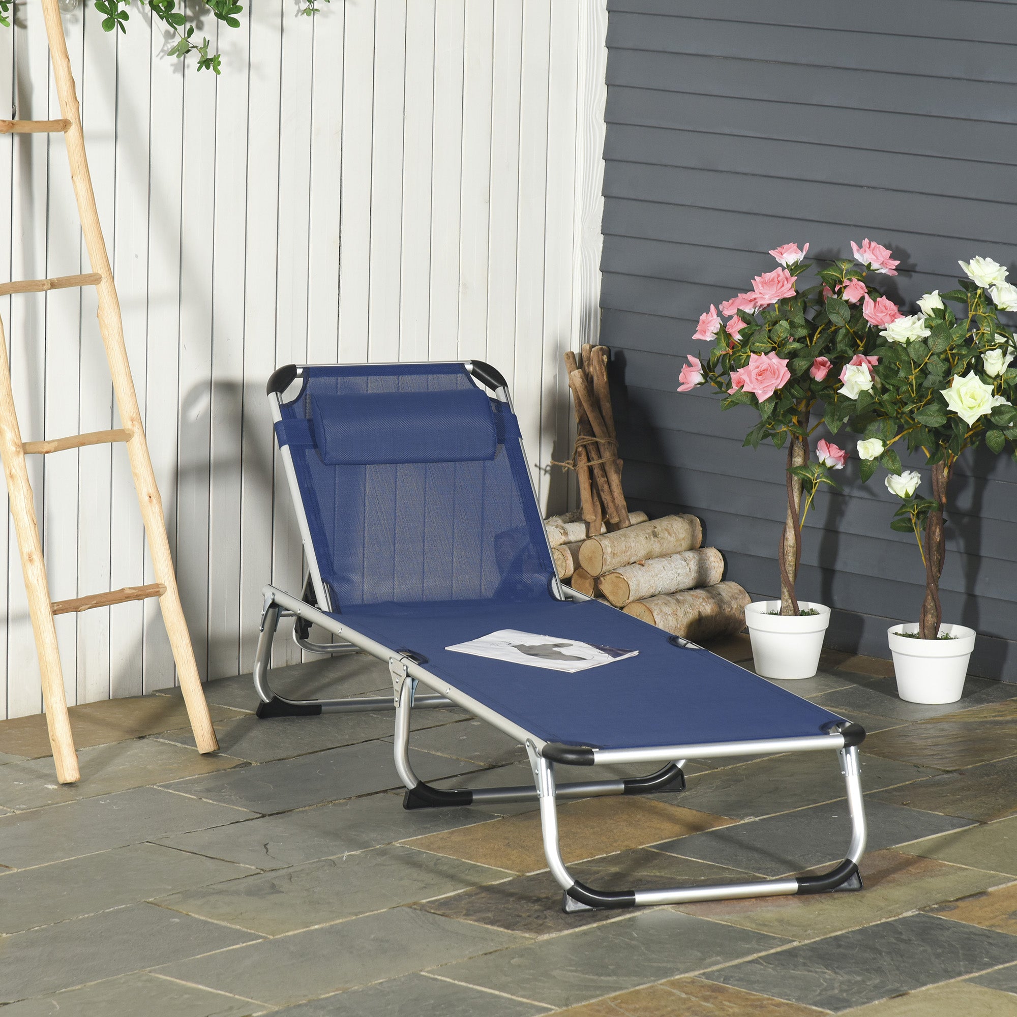 Outsunny Folding Garden Lounger with Adjustable Headrest and Backrest, Blue